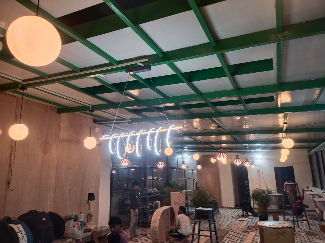 Restaurant dining area during renovation before transformation